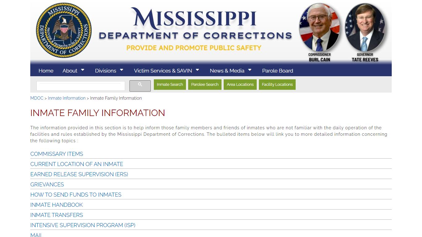 Inmate Family Information - Mississippi